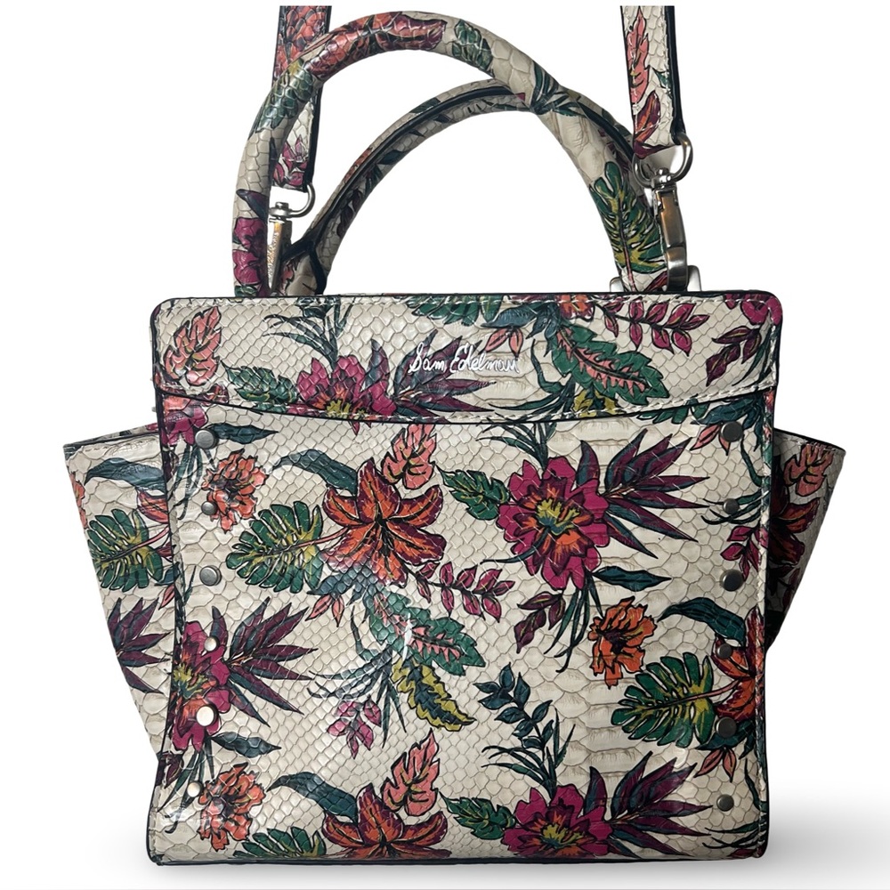 Sam Edelman Phoebe Floral Faux Snakeskin Satchel Crossbody Bag Purse Cream Multi